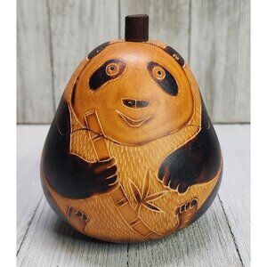 Vintage Panda Bear Gourd Trinket Coin Holder Hand Carved/Painted 4'' Tall Zoo